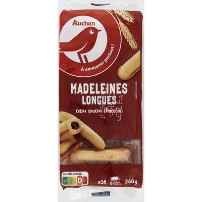 Auchan Madeleines longues coeur saveur chocolat, 16 pièces