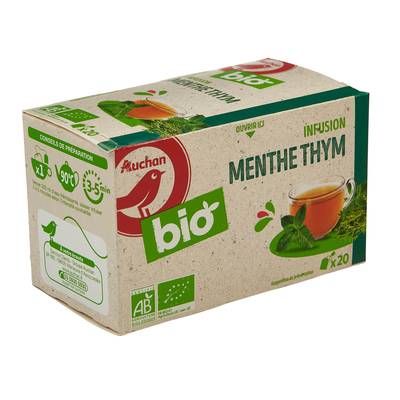 Auchan BIO Infusion menthe et thym bio, 20 sachets