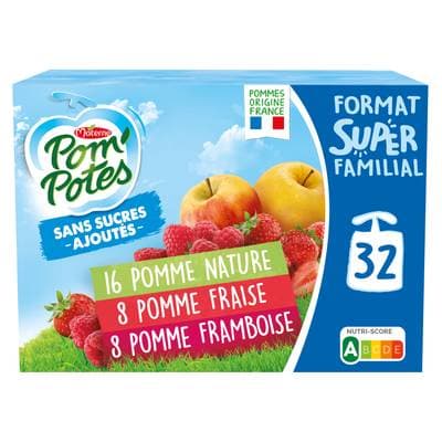 Pom Potes Gourdes purées pomme, pomme fraise, pomme framboise sans sucres ajoutés, 32 gourdes de 90g