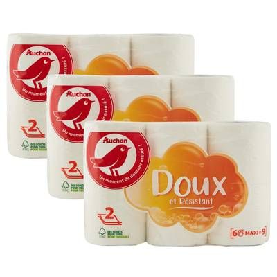 Auchan Papier toilette blanc maxi doux et résistant 2 épaisseurs, Lot de 3x6 rouleaux