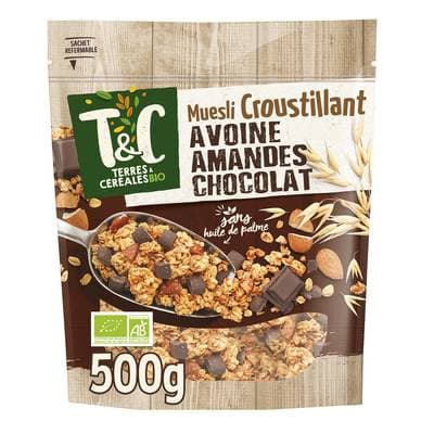 Terres et Céréales Bio Céréales Muesli Croustillant chocolat sans huile de palme Bio, 500g