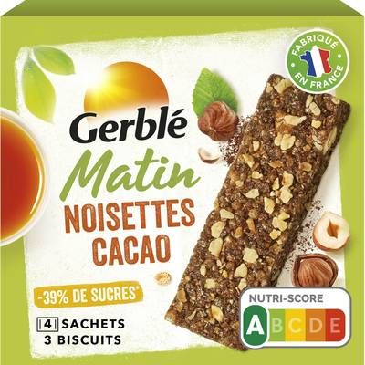 Gerblé Barres Petit dejeuner Noisettes Cacao -39% de sucres en moins, 120g
