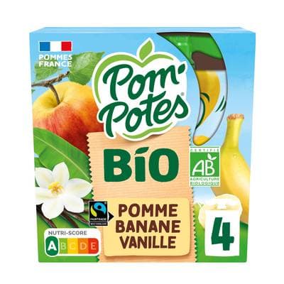 Pom Potes Gourdes pomme banane vanille sans sucres ajoutés, 4 gourdes de 90g