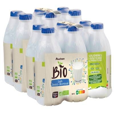 Auchan BIO Lait demi-écrémé bio stérilisé UHT, Lot de 2 - 6x1L