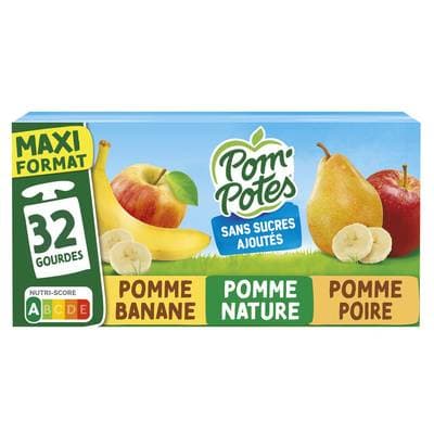 Pom Potes Gourdes purée pomme banane poire sans sucres ajoutés, 32 gourdes de 90g