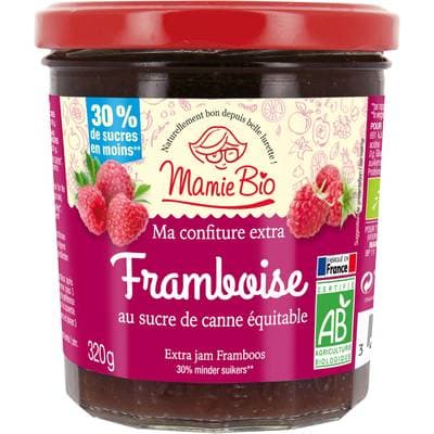Mamie Bio Confiture extra framboise bio, au sucre de canne Equitable, 320g