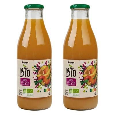 Auchan BIO Pur jus multifruits bio sans sucres ajoutés, Lot de 2x1L