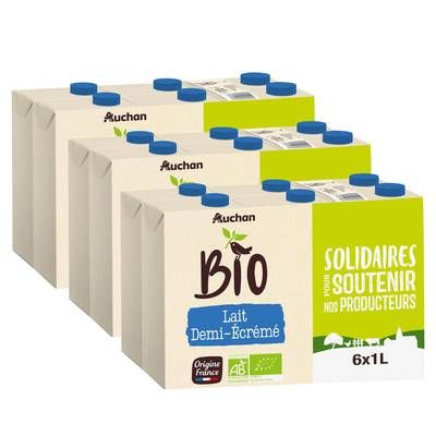 Auchan Solidaires Bio Lait demi-écrémé UHT Bio, Lot de 3x6x1L