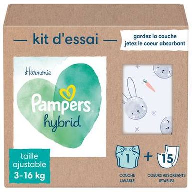 Pampers Hybrid Kit de démarrage - Taille ajustable 3/16 kg, 1 couche lavable + 15 coeurs absorbants jetables