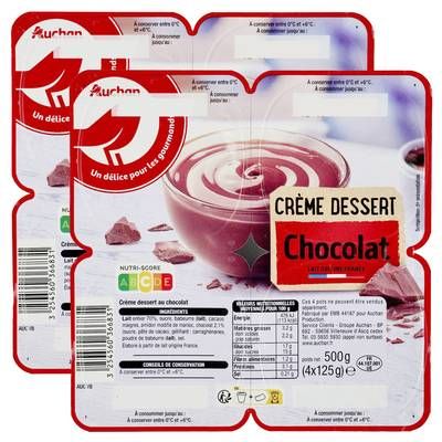 Auchan Crème dessert au chocolat, Lot de 2 - 4x125g