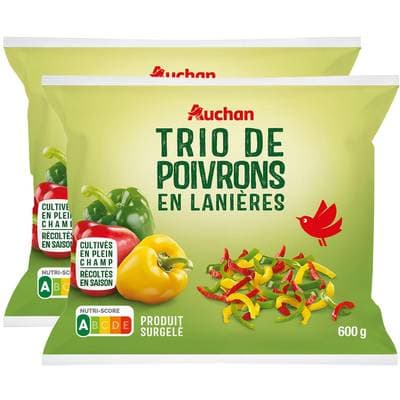 Auchan Trio de poivrons en lanières, Lot de 2x600g