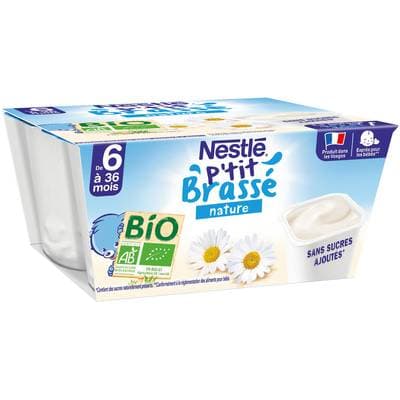 Nestlé - P'tit Brassé Dessert Lacté Nature Bio Coupelle Bébé Dès 6 mois, 4x90g