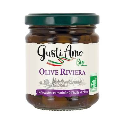 Gusti Amo Olives noires Dénoyautées Riviera à l'huile d'Olive Bio, 190g