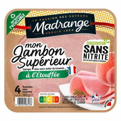 Madrange Jambon Supérieur à l'Étouffé Conservation sans Nitrites, 4 tranches - 160g