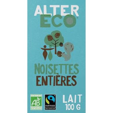 Alter Eco - Commerce Equitable Chocolat Lait et Noisettes entières 36% Cacao Bio d'Equateur ou Pérou, 100g