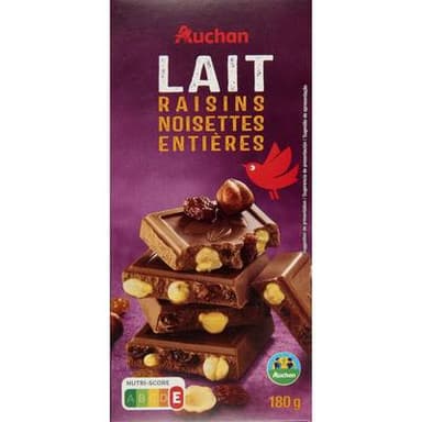 Auchan Tablette Chocolat au lait raisins et noisettes entières, 180g