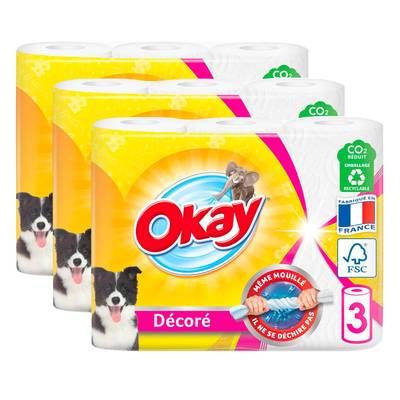 Okay Essuie-tout décoré, Lot de 3x3 rouleaux