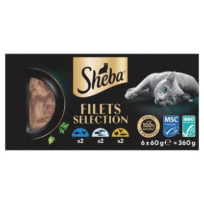 Sheba - Filets Barquettes thon MSC poulet poissons blancs ASC saumon ASC pour chat adulte, 6x60g