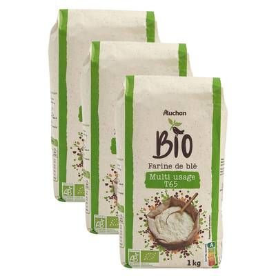 Auchan BIO Farine de blé multi usage T65 Bio, Lot de 3x1kg