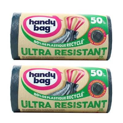 Handy Bag Sacs poubelle 50L avec poignées coulissantes - Ultra Résistant, Lot de 2x10 sacs de 50L