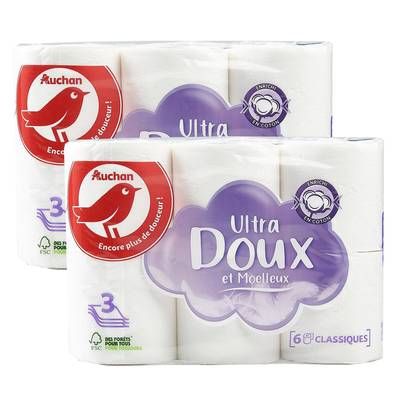 Auchan Papier Toilette blanc ultra doux et moelleux 3 épaisseurs, Lot de 2x6 rouleaux