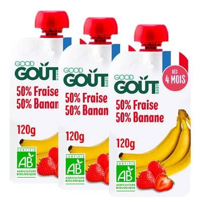 Good Goût Fraise Banane Bio Gourde Bébé Dès 4 mois, Lot de 3x120g