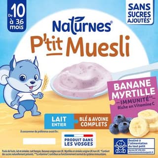 Naturnes® - P'tit Muesli Dessert Lacté banane myrtille Coupelle Bébé dès 10 mois, 4x90g