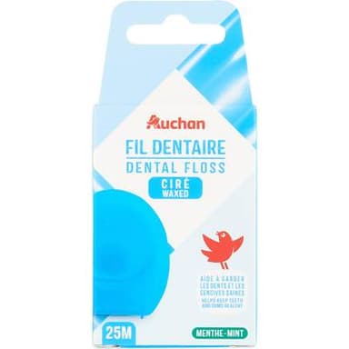 Auchan Fil dentaire ciré, parfum menthe, 25 mètres