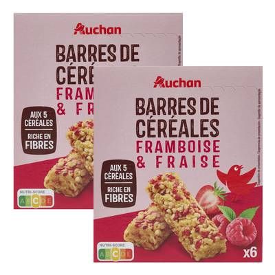Auchan Barres de céréales à la framboise et à la fraise, Lot de 2x6  barres
