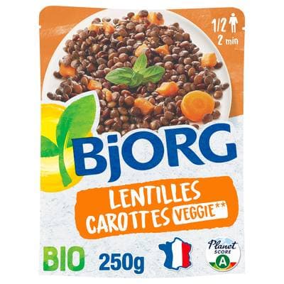 Bjorg Lentilles carottes fondantes bio en sachet micro-ondable, 250g