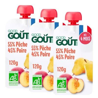 Good Goût Poire Pêche Bio Gourde Bébé Dès 4 mois, Lot de 3x120g