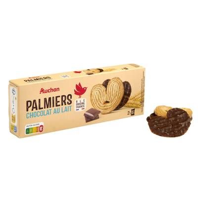 Auchan Palmiers biscuits feuilletés nappés au chocolat au lait, 100g