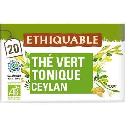 Ethiquable - Commerce Equitable Thé vert tonique Citronnelle Guarana Bio de Ceylan - 20 sachets, 36g