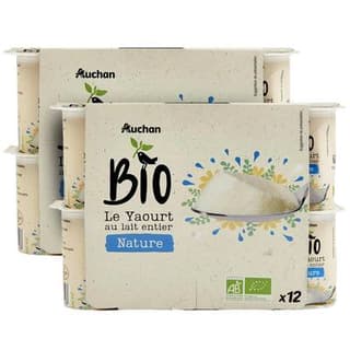 Auchan BIO Yaourt au lait entier nature bio, Lot de 2 - 12x125g