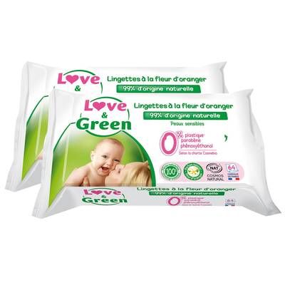 Love & Green Lingettes hypoallergéniques à la fleur d'oranger Bio, Lot de 2x64 lingettes