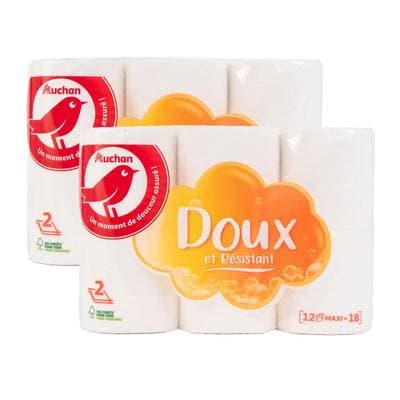 Auchan Papier toilette blanc maxi doux et résistant 2 épaisseurs, Lot de 2x12 rouleaux