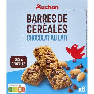 Auchan Barres de céréales chocolat au lait aux 4 céréales, 6 barres