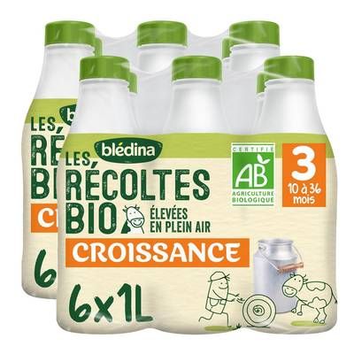 Blédina - Les Récoltes Bio Lait de Croissance Bio 3ème âge Liquide Bébé Dès 10 Mois, Lot de 2x6x1L
