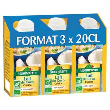 Bonneterre Lait de coco cuisine bio, 3x20cl
