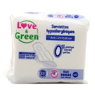 Love & Green Serviettes hygiéniques nuit avec aillettes anti-irritation, 10 serviettes