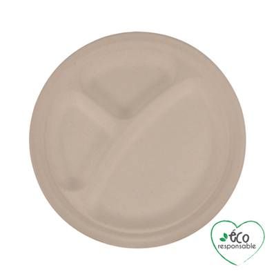 Homea Assiette compartimentée en canne a sucre 23cm naturel, 12 assiettes