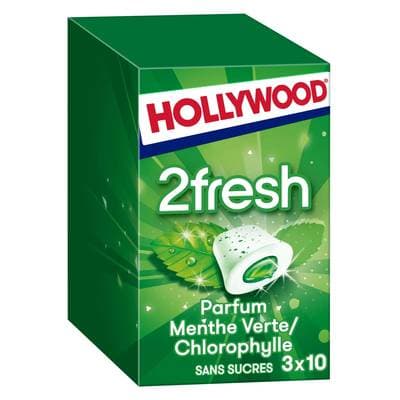 Hollywood Chewing gum Fresh menthe verte sans sucre ajoutés, 3x10 dragées