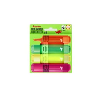 Auchan Lot de 4 surligneurs coloris assortis pointe biseautée, 4 couleurs (Rose,Jaune,Vert et Orange)