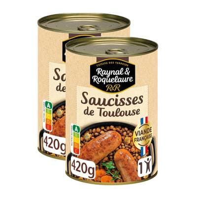 Raynal et Roquelaure Saucisse de Toulouse et lentilles cuisinées en conserve individuelle, Lot de 2x420g