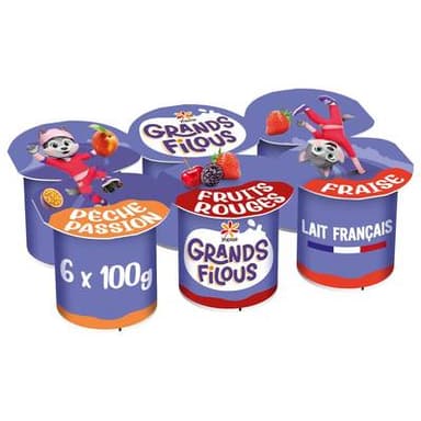 Grands Filous Yaourts aromatisés fruits rouges, fraise, passion pêche, 6x100g