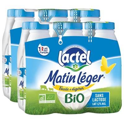Matin Léger de Lactel Lait sans lactose Bio 1,2% mg, Lot de 2 - 6x1L