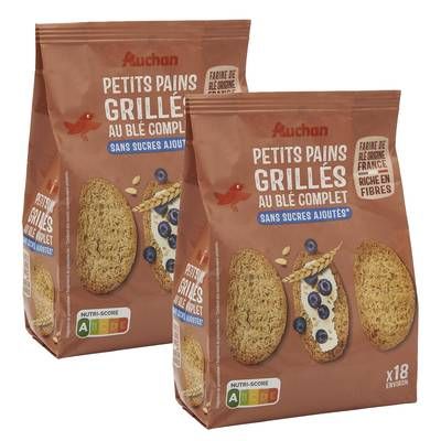 Auchan Petits pains grillés au blé complet sans sucres ajoutés, Lot de 2x225g