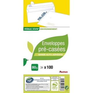 Auchan 100 Enveloppes précasées et auto-adhésives, Dimensions 110 x 220 mm Papier blanc 80g
