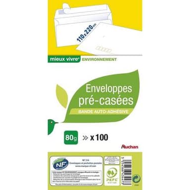 Auchan 100 Enveloppes précasées et auto-adhésives, Dimensions 110 x 220 mm Papier blanc 80g
