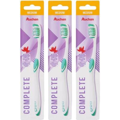 Auchan Brosse à dents medium complete, Lot de 3x1 brosse à dents